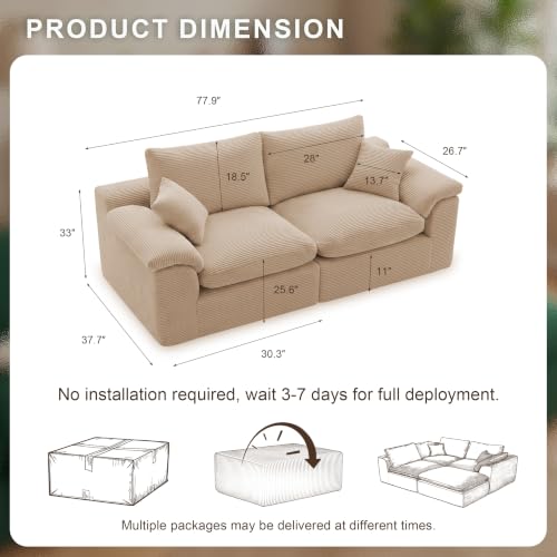 Image of 78 inch Loveseat Sofa, Small Boneless Couch for Living Room, Camel