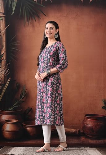 Image of Ichaa Women's Pure Cotton A-Line Katha-Work Ethnic Round-Neck Kurta with 3 /4th Sleeve for Daily and Office Wear, in Plus Sizes