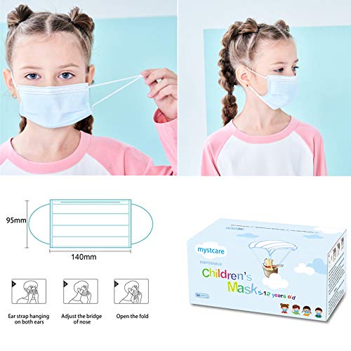 Mystcare Kids Disposable Face Mask 50 Pack Ages 5-12 Filter 3-Layer Safety Face Masks For Kids Daily Use.all Metal Nose Clips(Blue) #TOP3