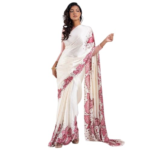 Image of Japan Satin Floral Print Saree for Women with Blouse Piece - Satin Finish Draped Saree