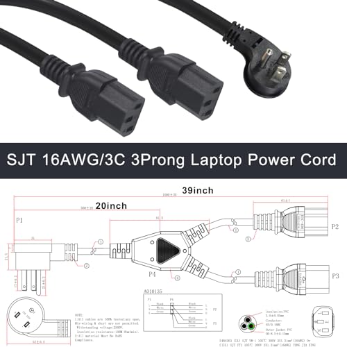 Image of Computer Power Cord Splitter, 3FT Flat Plug NEMA 5-15P to 2X IEC60320 C13 Female 2 Ways Outlet AC Power Cord, SJT 16AWG Universal Laptop 3 Prong Power Cable, Spliiter for Monitor /TV /Printer