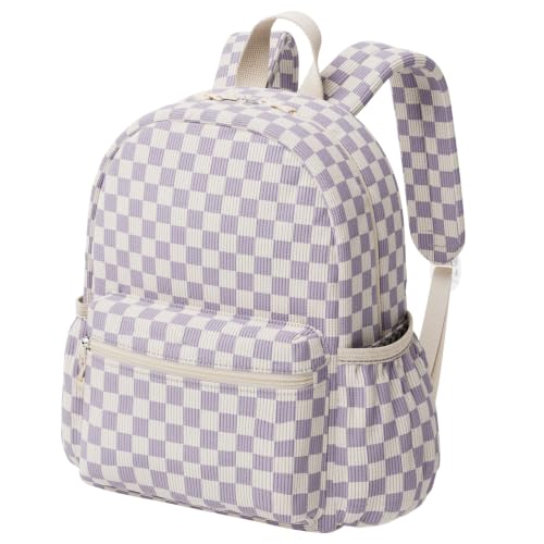 Image of Kids Backpack for Girls and Boys Ages 5-8 | 15inch Corduroy Backpack Kids Bookbag for School Preschool Kindergarten Daycare Daypack-Purple Checkered
