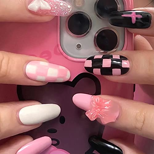 YOSOMK Press on Nails Short Black and Pink Checkerboard 3D Fake Nails Glossy Oval Stick on Nails Full Cover Glue on Nails Cute False Nails with Designs Acrylic Nails for Women (24Pcs)