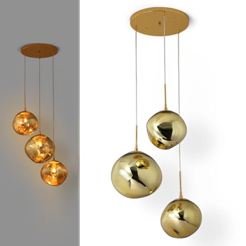 Alpinaluz Lampada a sospensione tripla in vetro dorato - 3 sfere metallizzate Ø28/Ø36 cm - Attacco E27 - Altezza regolabile - Vaso Ø40 cm - Design moderno per soggiorno, sala da pranzo o camera da