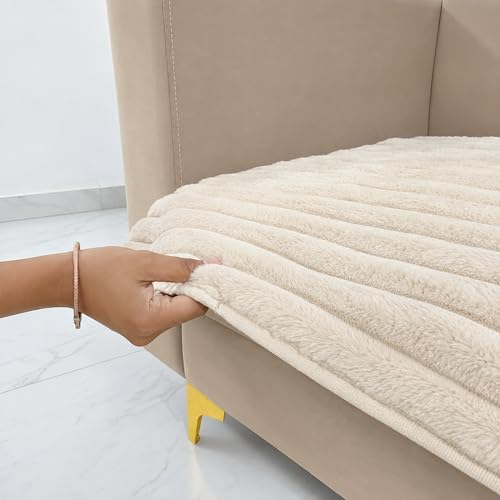 Image of Homerz Premium Rabbit Fur Sofa Cover with Anti-Skid Backing, Soft Plush Fabric Sofa Protector for Living Room Furniture (Beige, 1 Seater, Only Seat Cover)