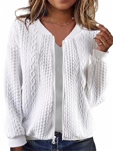 WROLEM Women's Zip Up Cardigan Sweater Cable Hoodies Long Sleeve Jacket Outfits Crewneck Casual Coat...
