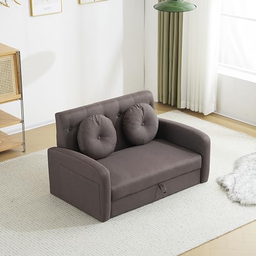 【SCHGKOY】ソファ 2人掛けソファ 枕付き カウチ 収納スペースあり フロアソファー 両肘掛け付き 木脚外し可能 おしゃれ シンプルソファ カジュアルソファー リビングソファ ファブリック（ブラウン）