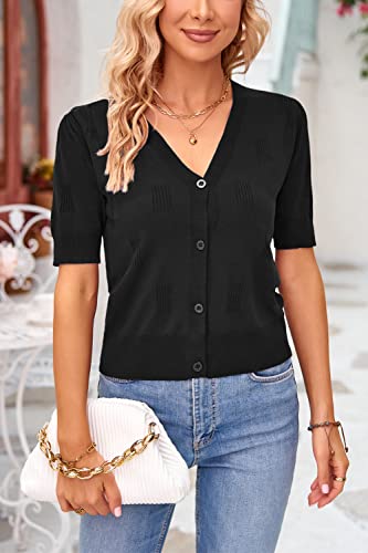 Arach&Cloz Womens Cardigans Summer 2024 Cropped Lightweight Short Sleeve Sweater Bolero Shrugs Tops Casual Dressy Trendy Plus Size Outfits Vacation Cloth Black thumb #1