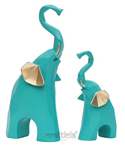 Image of Resin Elephant Pair Showpiece Geometrical Animal Figurine for Table Top Good Luck Vaastu (9 & 6 inch, Green)