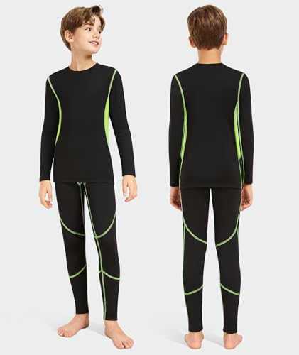 SIMIYA Kids Thermal Base Layer Set - Boys Youth Athletic Base Layer Set Compression Underwear Long Johns Bottom and Long Sleeve Top for Gym Sport Football Ski Green - Image 2