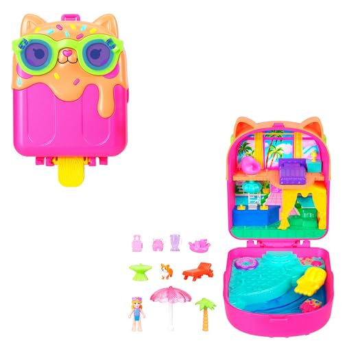 Polly Pocket Puppe und Spielset, Eiskätzchen-Schatulle, Reisespielzeug mit 1 Minipuppe, Hündchen und passendem Zubehör, JCB17