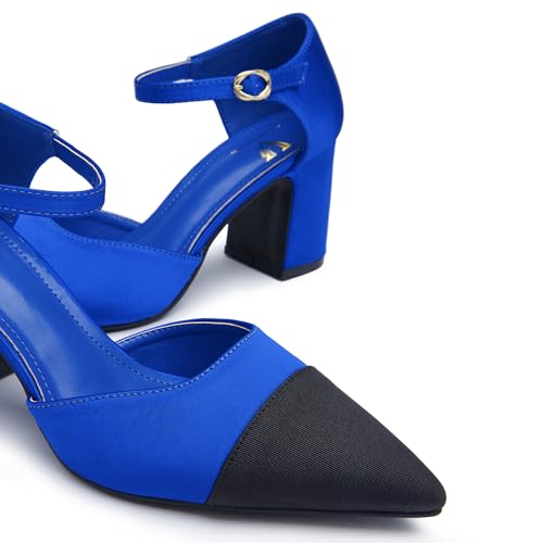 Women's Chunky Block Heel Pumps Patchwork Pointed Toe Ankle Strap Heels 3-Inch Dress Shoes for Office, Wedding & Party3