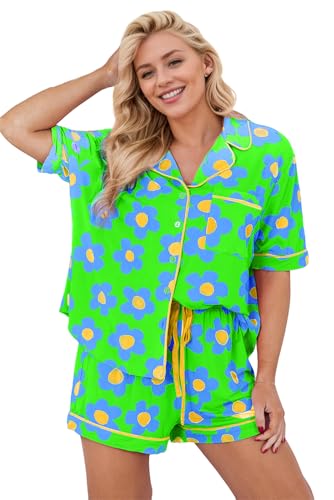 Image of KevaMolly Women Floral Notch Collar 2 Piece Holiday PJ Set | Print Short Sleeve Top, Drawstring Soft Vacation Sleep Shorts