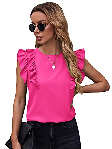 Milumia - Blusa elegante con mangas de mariposa para mujer, cuello redondo, camisa de trabajo, rosa intenso ( A Hot Pink ), L