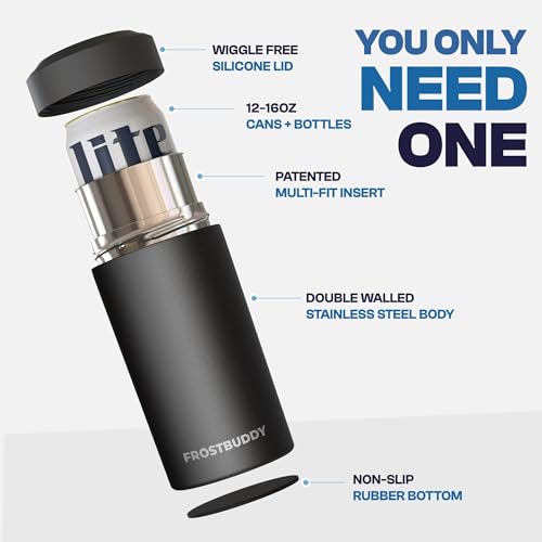Frost Buddy Universal Buddy Can Cooler - Fits All - For Regular 12 & 16 oz or Slim-Size Bottles - Insulated Double-Walled Stainless Steel (Charcoal)