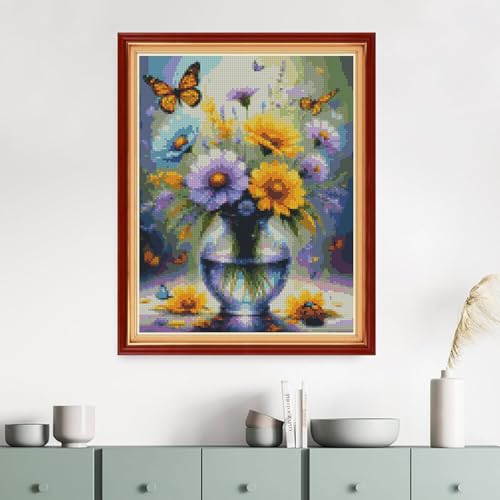 Image of MYBISYMQQ Stamped Cross Stitch Kits for Adults Beginners - Sunflower & Butterfly Flower Vase 11CT Pre-Printed Embroidery Kit, DIY Needlepoint Patterns for Home Wall Art Decor, 15.7x11.8 Inches