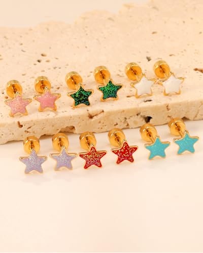 Screw Back Earrings for GirIs Women 12Pack, Hypoallergenic 14K Gold-plated Star Heart Surgical Steel Stud Earrings Flat Back Earrings Hypoallergenic for Sensitive Ears Screw on Back Earring Jewelry Gift