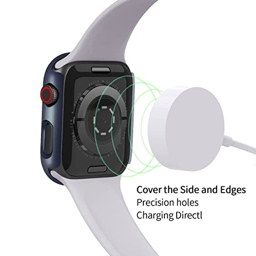 Image of HANKN 2 Pack Hard PC Case with Button for Apple Watch Series 6 5 4 Se 40mm Tempered Glass Screen Protector Case, Full Coverage Matte Ultra-thin Shell Iwatch Bumper Cover (Blue+Blue, 40mm)
