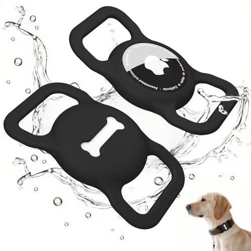Mugust Hundehalsband Halter für AirTag, Air Tag Hund GPS Hülle, Silikon Anti-Lost Haustier Tracker Halsband Wasserdicht Anhänger, GPS Schutzhüllen Zubehör Heimtiertracker (Schwarz)