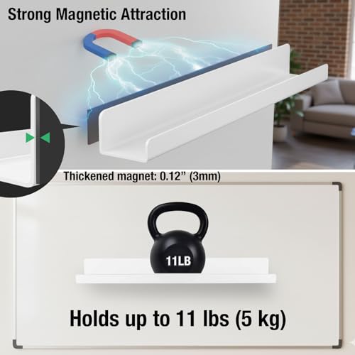 Image of 2 Pack Magnetic Book Shelf for Whiteboard - 17 Inch Reusable Acrylic Magnetic Shelves, Holds 11 lbs, Magnetic Book Display for Classrooms, Kitchen(White)