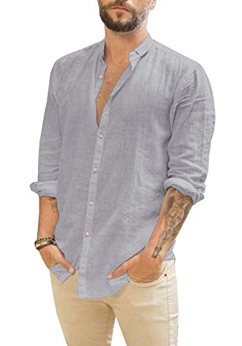 Mens Linen Button Up Shirts Casual Long Sleeve Loose Fit Beach Shirts (X-Large, 2 Grey)