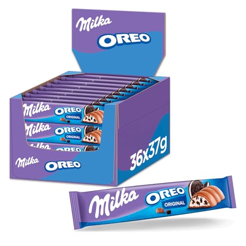 Milka OREO Schokoladenriegel, Alpenmilch mit Keksstücken, 37 g (36er-Pack) – Ansicht 1