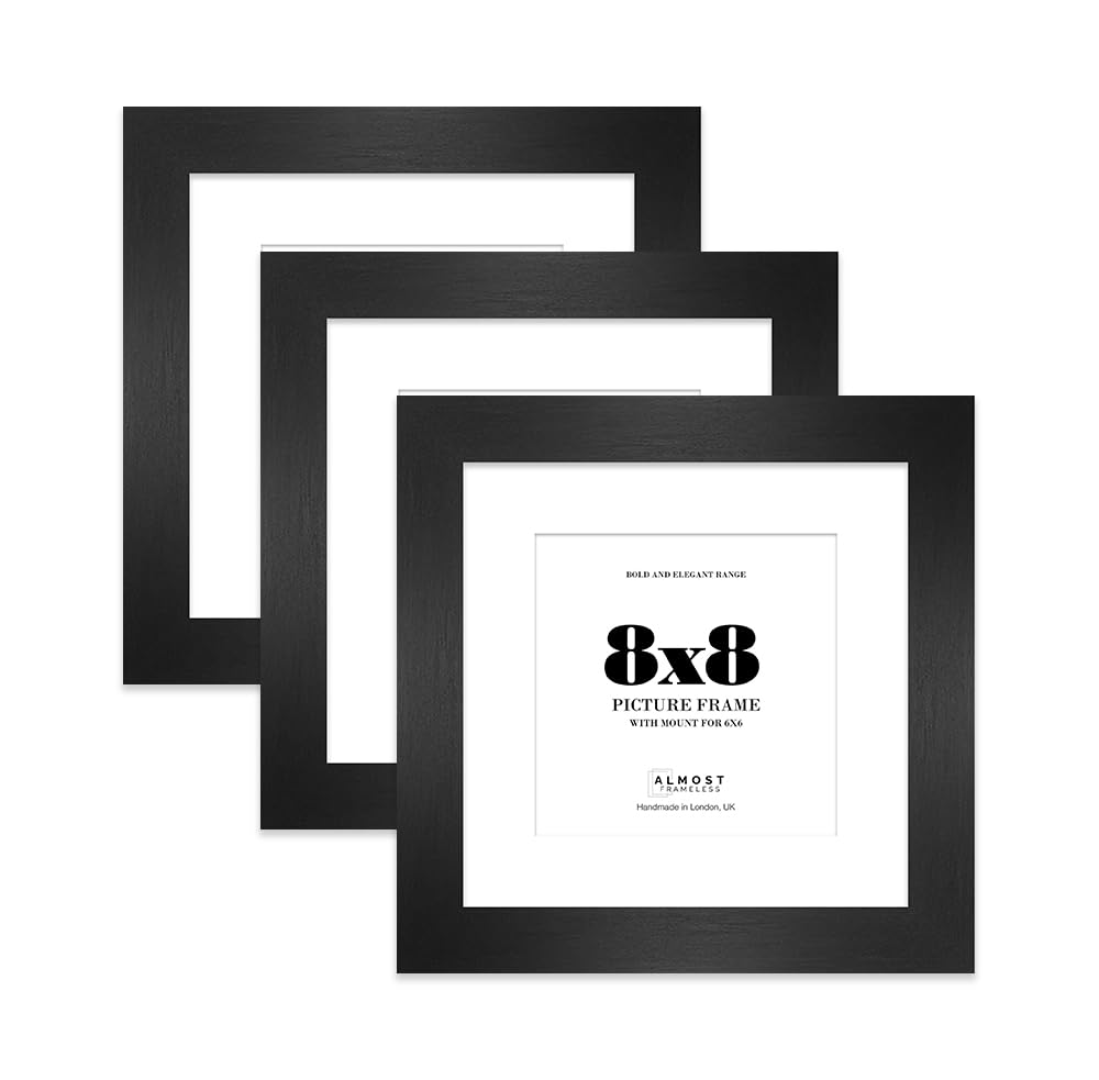 8x8" Black Square Frame With Mount for 6x6" Pictures 28mm Edge Frame Display with Wall Hooks and Kickstand, 3 Pack