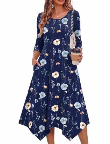Image of Zeagoo Midi Dresses Women 2026 Dress 3 /4 Sleeve Casual Dresses with Pockets A Line Summer Beach Sundress