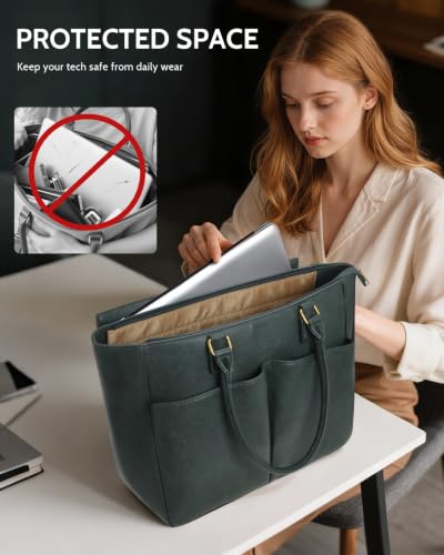 Image of Laptop Tote Bag for Women, Leather Work Tote with Padded Laptop Compartment, Cup Holder, Office Computer Briefcase