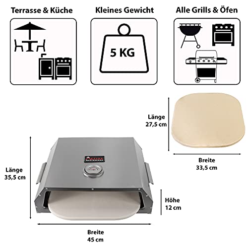 ACTIVA Pizza Box, Edelstahl Pizzaaufsatz ca. 44,5 x 13 x 35,5 cm, BBQ-Pizzaofen mit Temperaturanzeige für Holzkohlegrills und Gasgrills, Pizzaofen mit Pizzastein ca. 33,5 x 27,5 cm