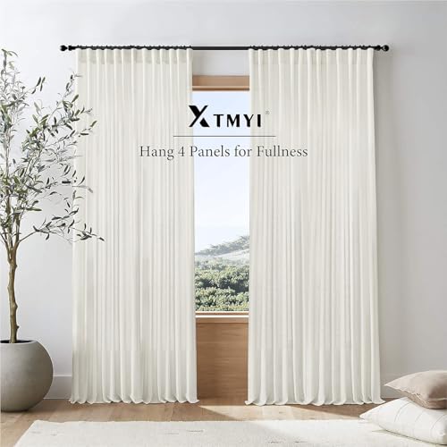 Image of XTMYI 105 Inch Curtains 2 Panels Set Custom Length Back Tab Linen Window Sheer Curtain Drapes for Living Room Bedroom,50x105 in Long,Cream(Ivory /Off White)