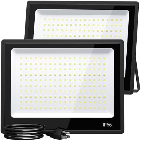 XXBSAZ 2 Pack 150W LED Flood Lights Outdoor, 18,000LM Plug-in Hardwire Work Light IP66 Waterproof - 6500K Daylight Bright for Yard, Garage, Stadium