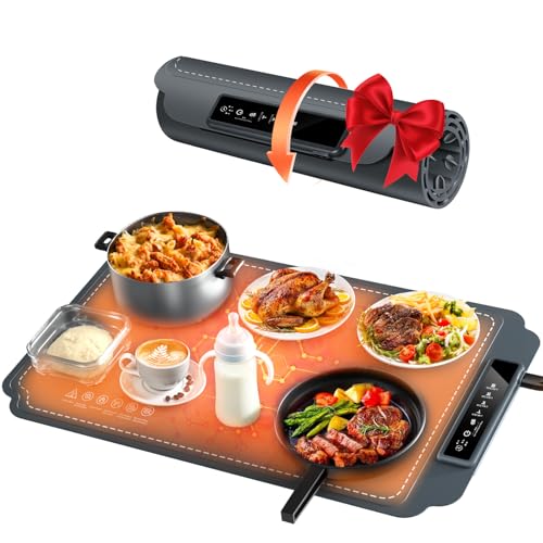 WHATOOK Chauffe Plat Électrique: Plaque Chauffante Pliable Flexible avec 4 Température Réglable et Minuteur, Chauffe Assiette à Réchaud pour Fêtes,...
