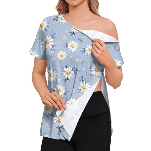Black Shirt for Women Women’s Short Floral Print Asymmetric Neckline Nursing Top with Womens Long Sleeve Dressy Tops Blusas De Manga Larga para Mujer Blue M