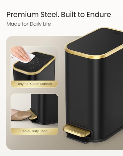 Image of Cesun Small Bathroom Trash Can with Gold Grimmed Lid & Pedal, 1.3Gal, Black