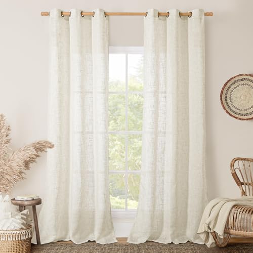 Image of LAMIT Linen Sheer Curtains 84 Inches Long for Living Room, Soft Linen Textured Window Drapes Semi Sheer Light Filtering Bronze Grommet Neutral Panels for Bedroom, Cream Ivory, 2 Panels, 34 x 84 Inch