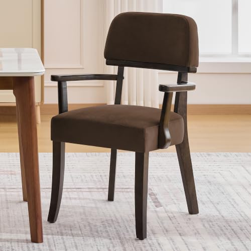 adochr Modern Wood Dining Chairs with Arms Velvet Upholstered Kitchen Chairs with Open Curved Backrest & Hardwood Legs Accent Chairs 350 LBS Capacity Brown