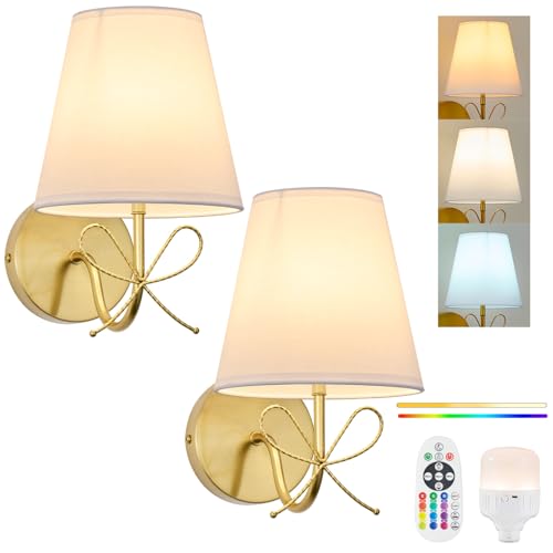 Image of PASSICA DECOR Bow Wireless Battery Operated Wall Sconce Set of 2, Rechargeable Dimmable LED Lights 2x6500mAh with 15 Colors,Remote Control,Bow Lamp for Girls Rooms,Bedroom Living Room