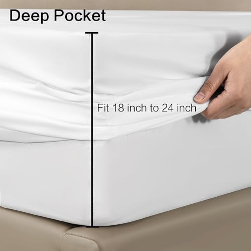 Image of White Fitted Sheet,King Size Fitted Sheet with Deep Pocket 18 inch,Ultra Soft & Breathable FittedSheet Easily Fits 18 inch to 24 inch Mattress