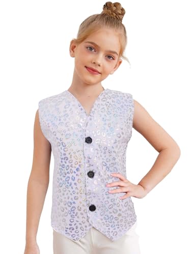 FEESHOW Boys Girls Metallic Leopard Vest Jacket Top Kids Jazz Hip Hop Disco Dance Tops Sleeveless V-neck Party Waistcoat Silver 18-24 Months
