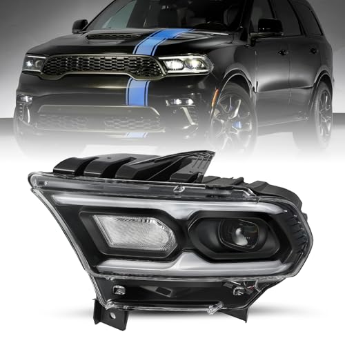 JSBOYAT Driver Left Side Headlight Assembly Fit for 2021-2024 Dodge Durango Black Bezel LED Projector and Halogen Turn Signal OE Style w/LED DRL Headlamp Replacement 68433779AE(5-pin connection)