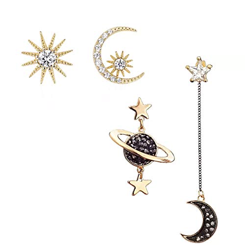 Asymmetrical Stars and Moon Dangle Stud Earrings for Women Planet Earrings with Clear Crystal for Girls (B?Earrings 2Set)