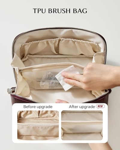 Image of EACHY Travel Makeup Bag, Lychee Leather Large Capacity Cosmetic Bag for Women, Open Flat Toiletry Bag with TPU Brush Compartment, Waterproof Skincare Organizer Travel Essentials