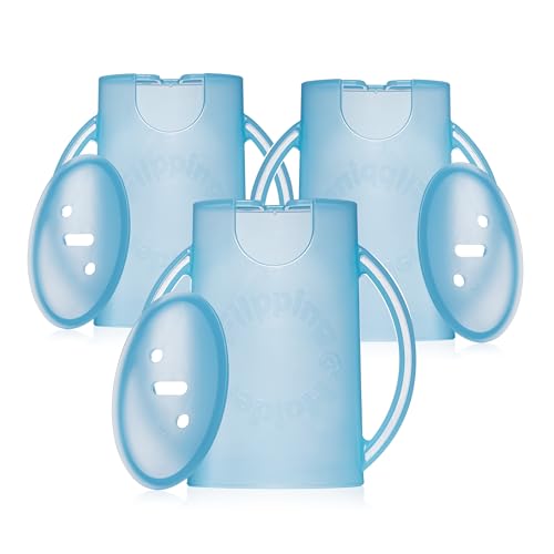 Image of Flipping Holder Squeeze Proof Food Pouch Holder for Toddlers, Babies, Kids, Mess Free No Squeeze Juice Box Drink Holder with Easy Grip Handles and Lid - Made in USA (Blue 3 Pack)