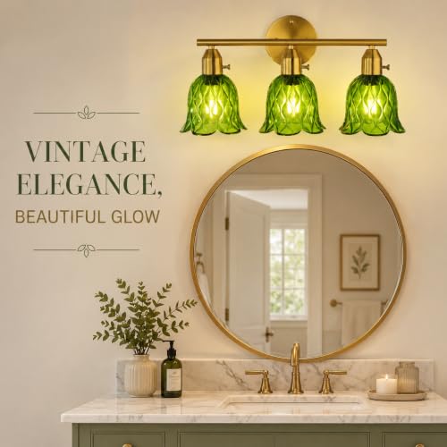 Image of 3-Light Bathroom Light Fixtures, 17.9 inch Gold Vintage Vanity Lights with Clear Green Tulip Glass Shade, Bathroom Wall Lamp for Mirror Kitchen Living Room Hallway Cabinet Porch