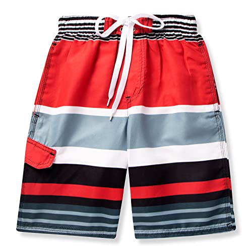 Sloosh Boys Swim Trunks, Quick Dry Drawstring Upf 50+ Kids Swim Shorts, Toddler Beach Shorts, Boardshort, Boy Swimwear (Red & Grey Stripe, 1416) #TOP21