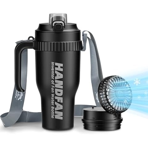 HandFan 40 oz Tumbler with Handle and Strap | Leakproof Insulated Tumbler with Lid and Straw | Reusable Stainless Steel Water Bottle | Cup Holder Friendly Travel Mug with 5000mAh Portable Fan (Black) Cover
