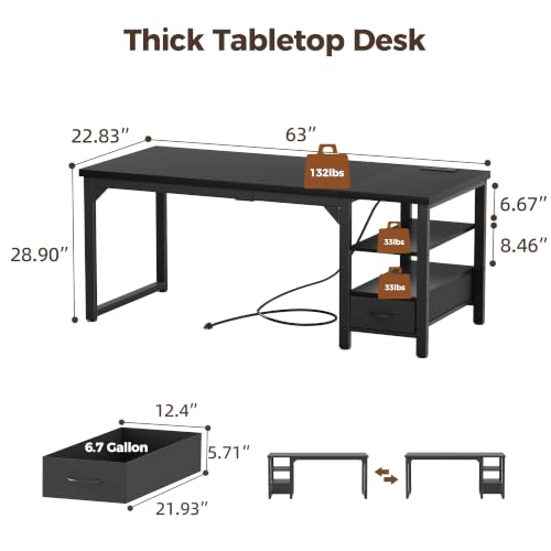 Image of Mericonia 63 inch Computer Desk with Drawer, 1.2 inch Thick Reversible Office Desk | Modern Writing Table with Power Outlets & Storage Shelves, Heavy Duty Industrial Executive Desk for Home Bedroom Study Work