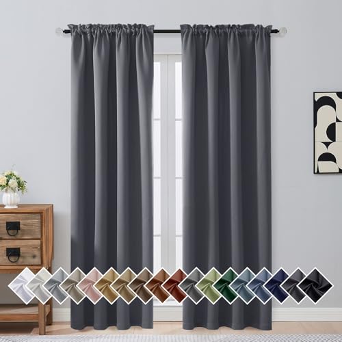 Image of Charcoal Grey Blackout Curtains for Bedroom 84 Inch Length 2 Panels Set, Soft Fabric Room Darkening Curtains for Living Room, Rod Pocket Design Modern Window Treatment Drapes, 2x40Wx84L Inches