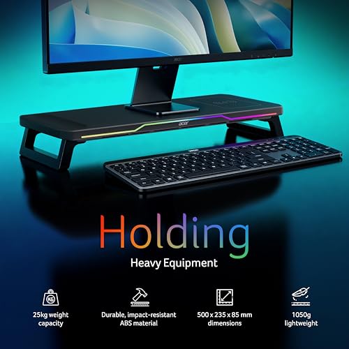 Image of Acer DeskPro Monitor /Laptop Stand with 15W Wireless Charging, RGB LED (10 Modes: Breathing, Flashing, Running, Gradient), USB Hub (3USB +Type-C), Ergonomic Riser, 25kg Load, ABS Build, Desk Organizer